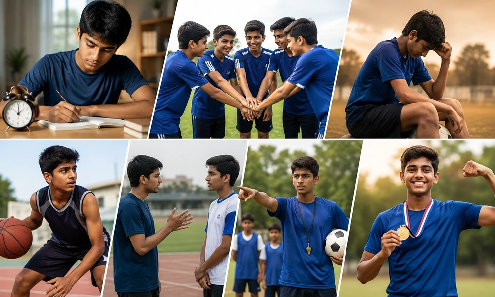 Collage showing student athletes learning life skills through sports - discipline, teamwork, resilience, focus, communication, leadership, and confidence