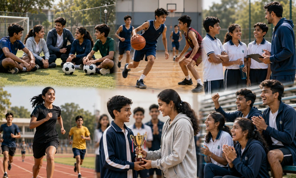Students and parents encouraging sports participation through team support, coaching, and celebrating athletic achievements at school